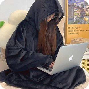 秋冬斗篷睡袍男女加绒加厚法兰绒连帽浴袍冬连身大睡衣长版 到脚踝