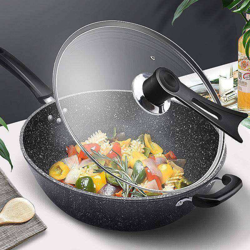 新款麦饭石不粘锅炒菜锅家用多功能电磁炉炒锅平底锅煤气燃气通用