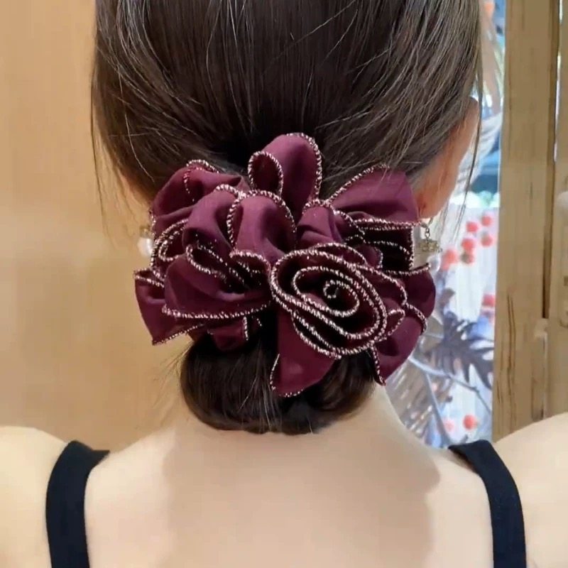 高级感金边花朵头绳玫瑰花发圈高弹力发绳妈妈头花显发量丸子头饰
