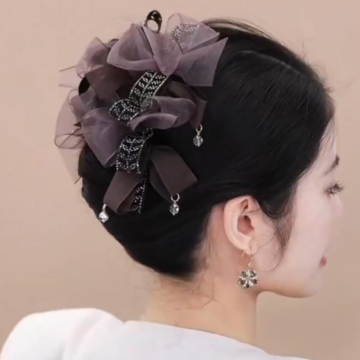 时尚麦穗水钻蝴蝶结发夹高级感雪纱显发量多精致通勤鲨鱼夹子发饰