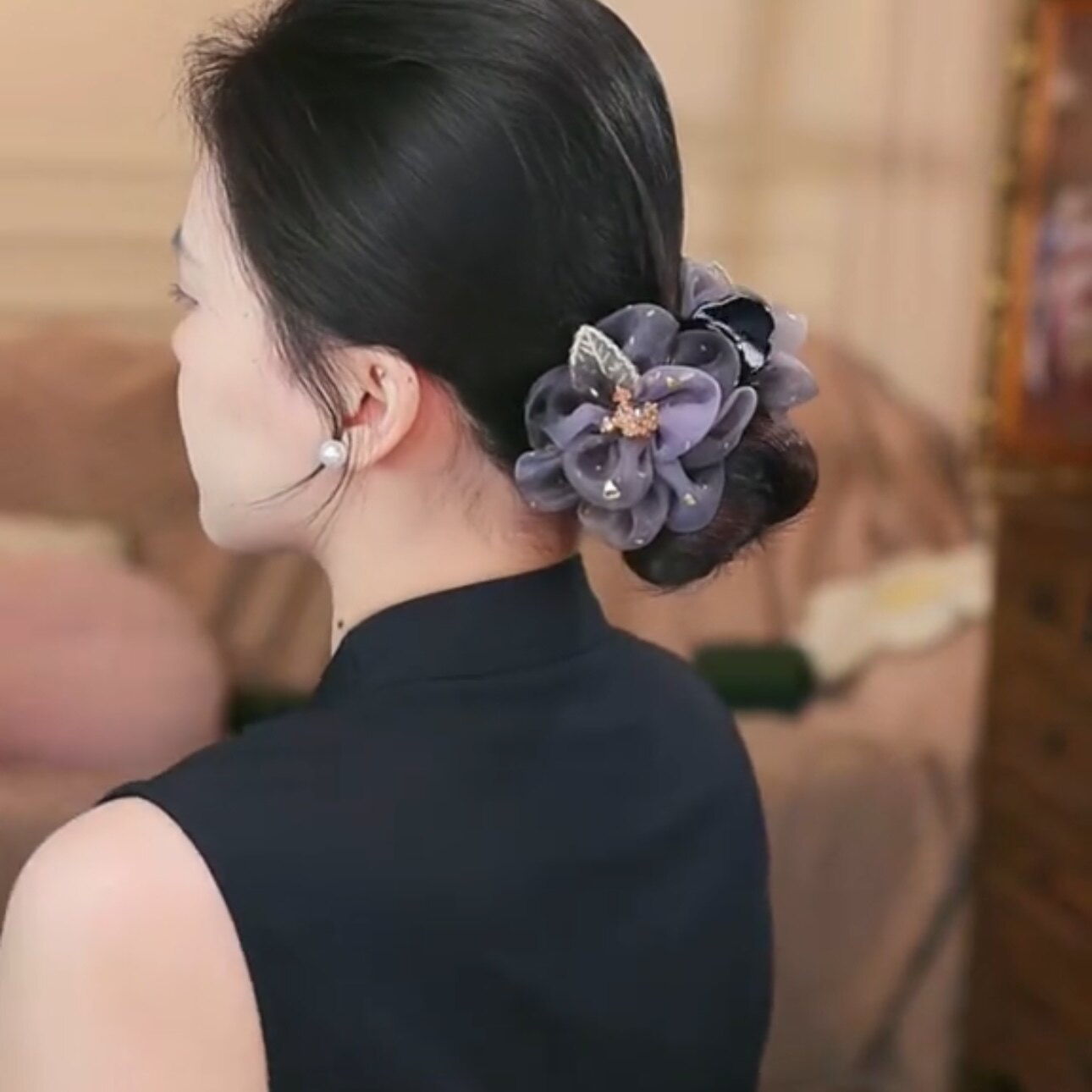蓝铃花海抓夹女后脑勺丸子头发夹黑色甜美花朵马尾夹头饰