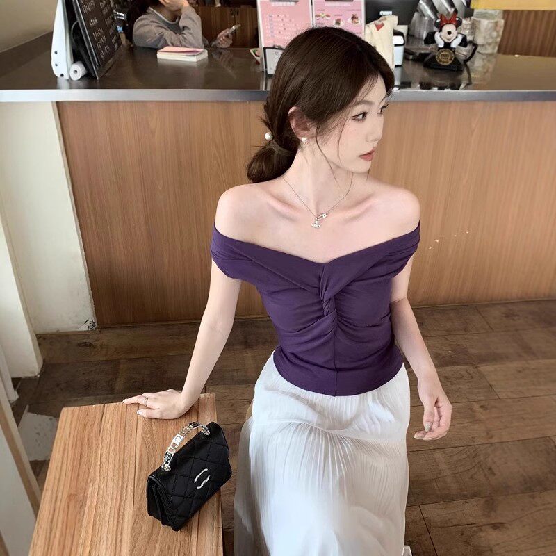紫色一字肩扭结短袖t恤女