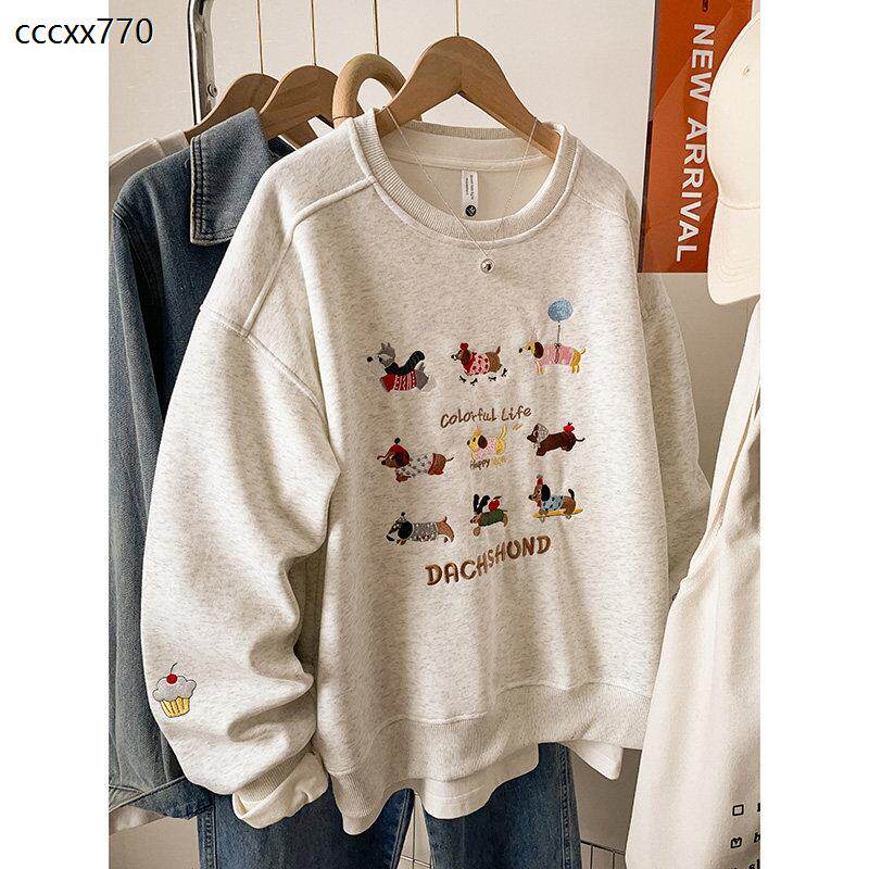 美式复古刺绣卫衣女秋冬季加绒胖mm宽松大码显瘦无帽圆领外套上衣