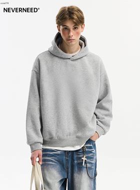 NEVERNEED灰色重磅连帽套头卫衣男女秋冬季美式短款boxy外套帽衫