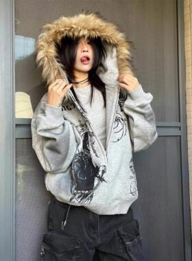 15GET 美式覆古重磅加厚毛领连帽卫衣慵懒感开衫外套情侣款秋冬潮