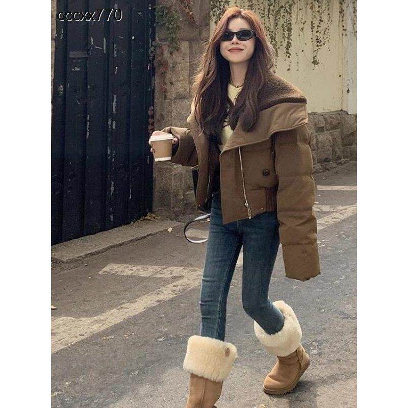 羽绒棉女2025冬季新款高腰羊羔毛大翻领短款面包服白鸭绒外套潮