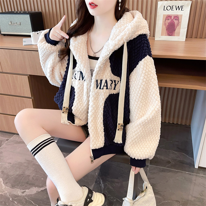 加绒加厚羊羔毛拉链连帽