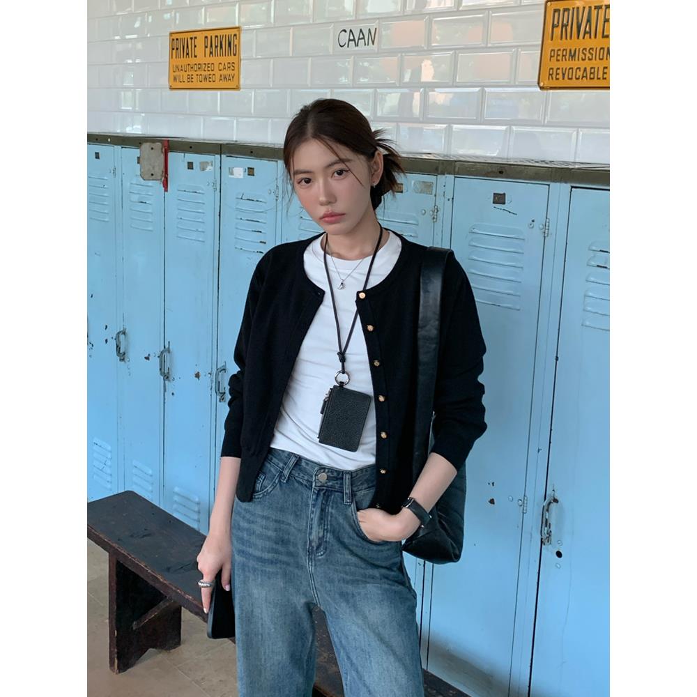 Halo Luu黑色针织开衫外套女秋季新款毛衣韩系设计感修身短款上衣