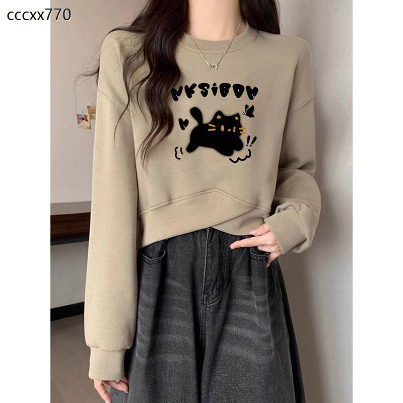 高腰显瘦套头卫衣女秋冬无帽小个子时尚洋气印花加绒加厚短款上衣