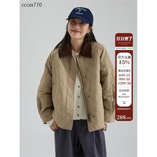 画风drawwind秋冬季巴恩风菱格羊毛棉衣女小个子拼色翻领保暖外套