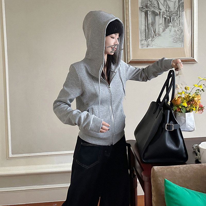 超好看连帽短款卫衣开衫灰色外套女款秋冬加绒韩系小个子修身上衣