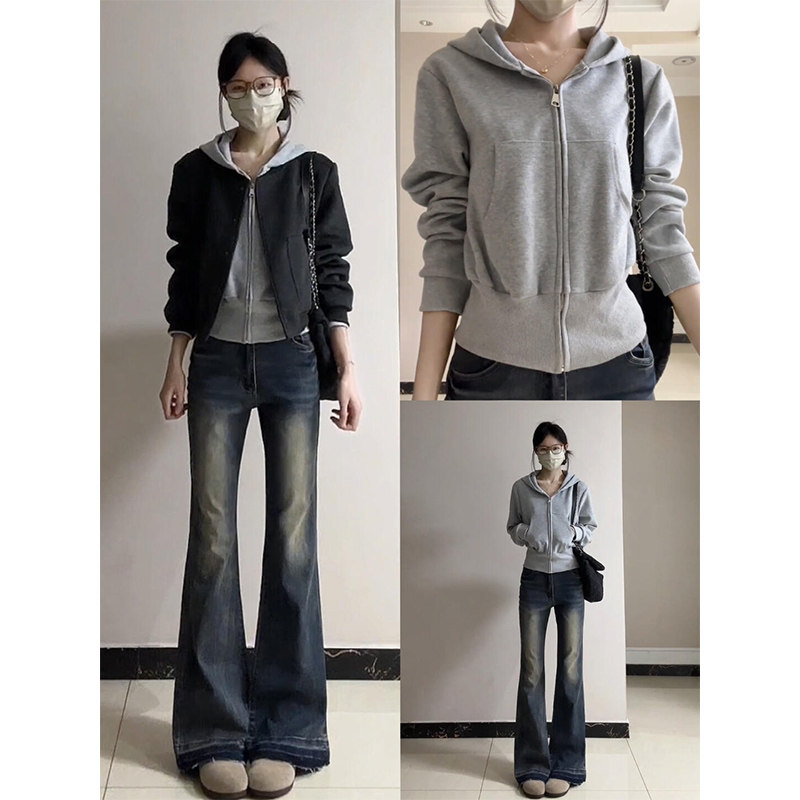 灰色短款连帽卫衣外套女秋冬2025新款加绒加厚小个子收腰开衫上衣