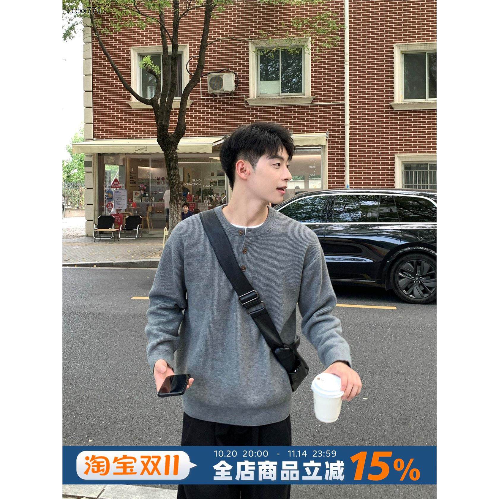 灰色亨利领半开衫加厚毛衣男生秋冬季2025新款宽松韩系针织衫上衣