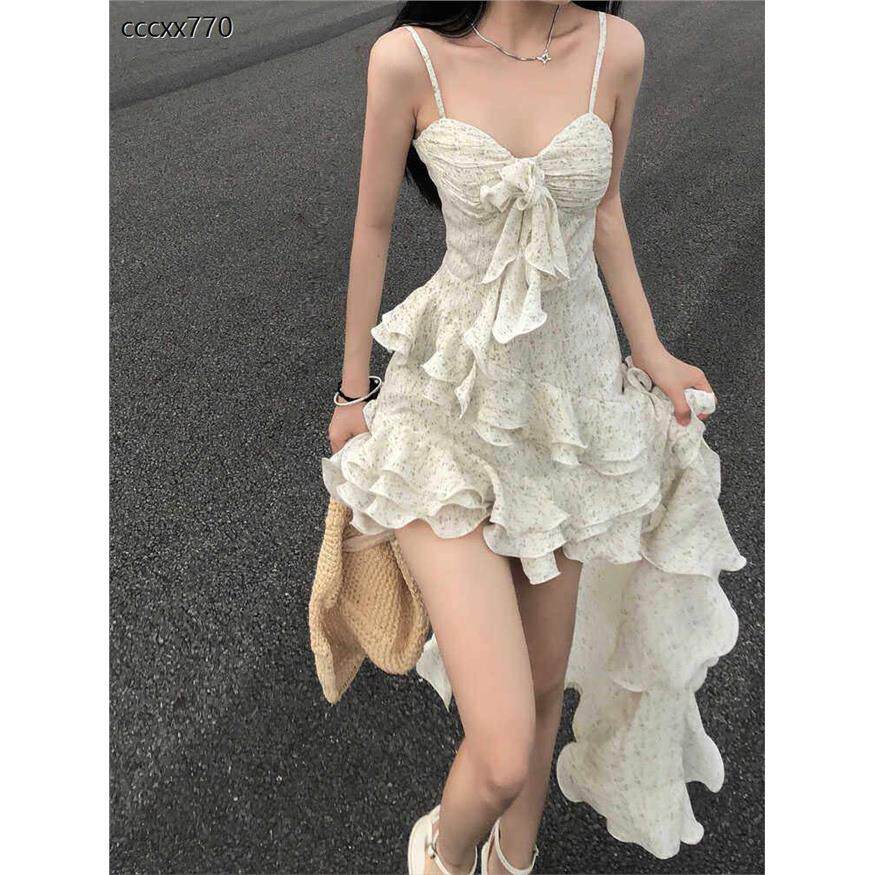 小碎花吊带裙女带胸垫洋装夏季大尺码胖mm设计感不规则叠穿长裙子