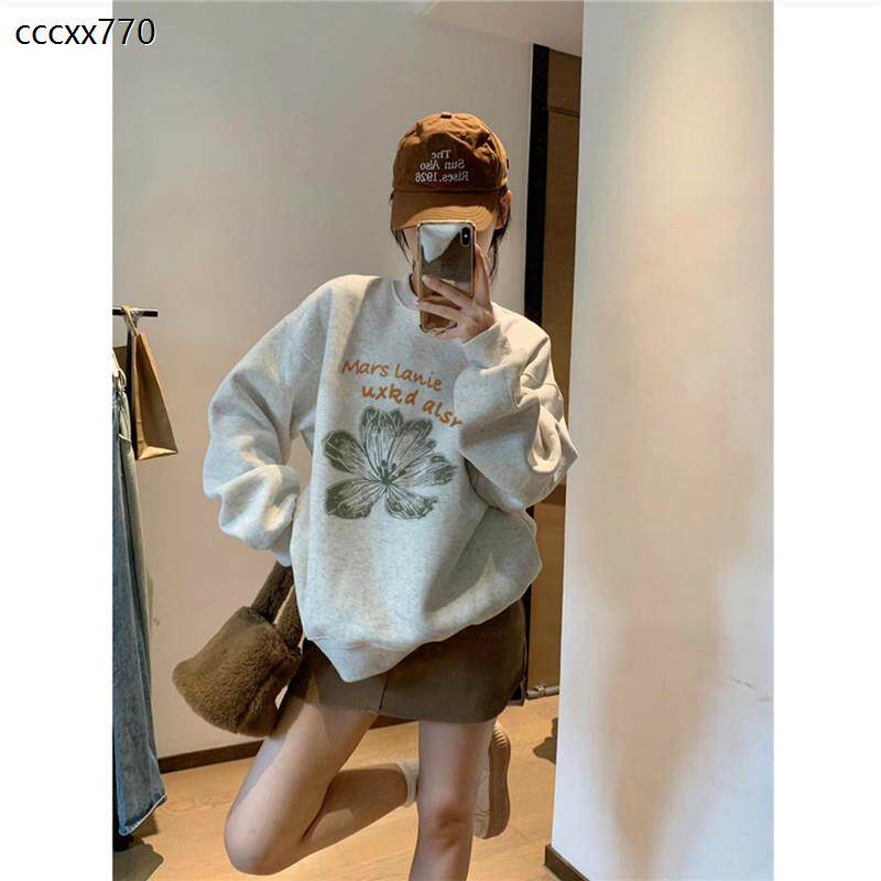 纯棉美式复古灰色无帽圆领卫衣女秋冬设计感小众慵懒加绒加厚上衣