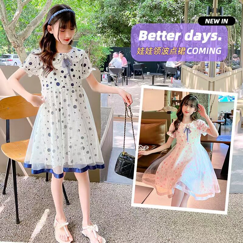 2025夏季女童甜美可爱波点连衣裙女孩时尚休闲洋气圆点中长裙子