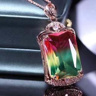 特价巴西彩虹西瓜碧玺吊坠项链女款单坠闺蜜礼物气质上档次