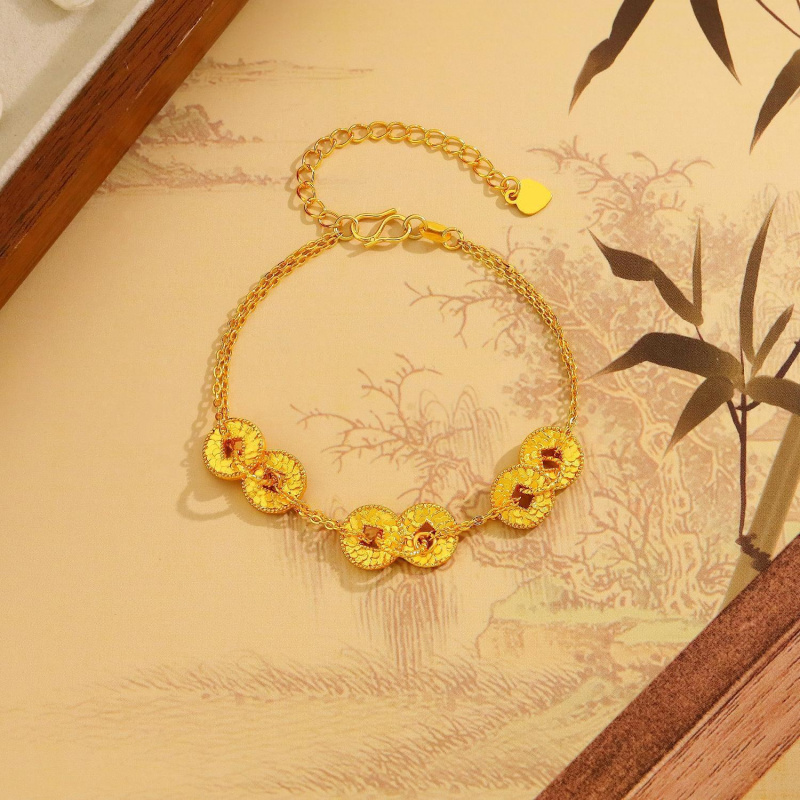 新款龙鳞碎碎冰铜钱手链双层链条