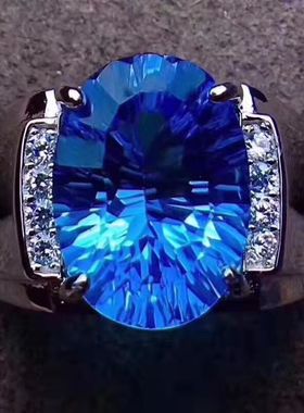 瑞士蓝托帕石戒指霸气男款千玺面切工1镶嵌活口男款