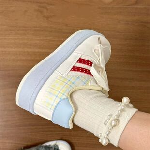 新款红蓝色格子多巴胺面包鞋女ins耐磨有擦声板鞋舒适百搭休闲鞋