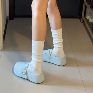 原创韩版 蓝色厚底增高勃肯鞋 女ins百搭休闲透气运动户外一脚蹬鞋