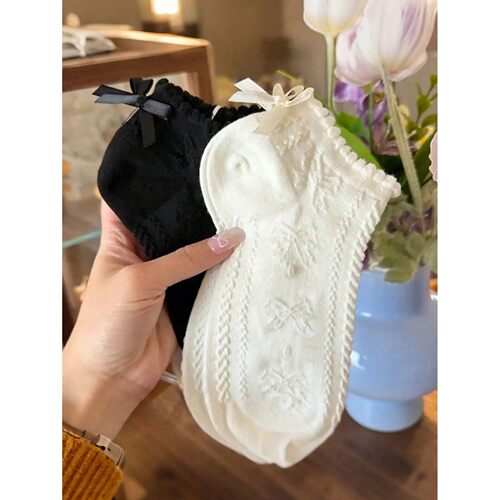 3 Pairs Women's Sweet Classic Black White Floral Lace Trim B