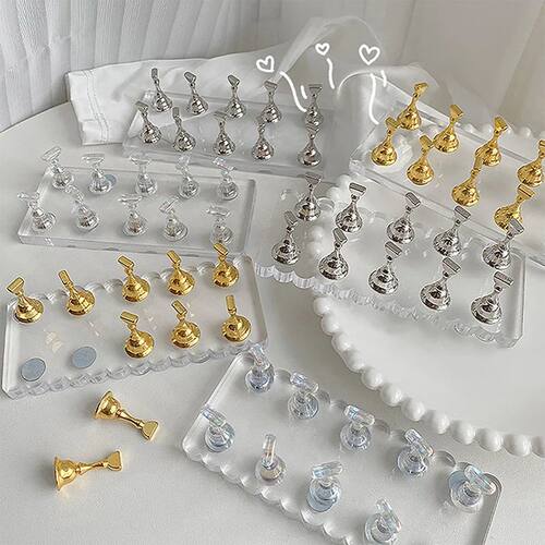 Nail Art Practice Holder Acrylic Double Row Base Set Gold Sl