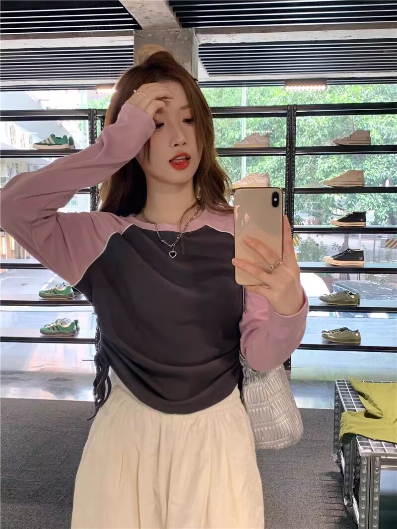 WW杨婉婉大码撞色拼接袖抽绳T恤