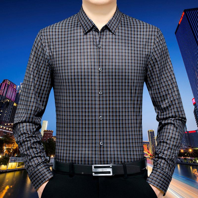 春季中年男士潮S5010-X流长袖绒衬羊衫务装修身商韩版职正业格子