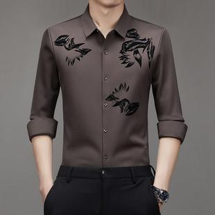 长男士 衬衫 中老年印花免烫加厚山绒衬衣 LN袖 年羊秋冬加绒暖保322