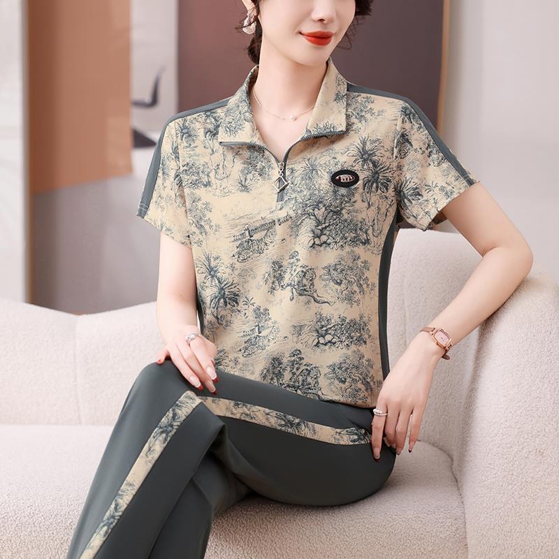 运动套装夏新款时9049700尚休闲洋气袖质妈妈减龄短跑步服两女季