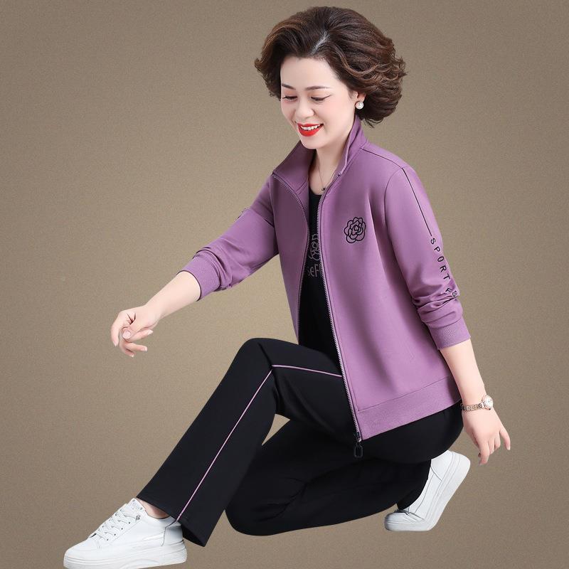 妈妈休7280506闲套装女秋新老时尚洋气中年女款装秋春装外套三件