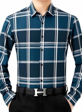 子春秋季商务休长闲袖衬衫91110-LL薄款丝棉光免烫抗皱中年宽松格