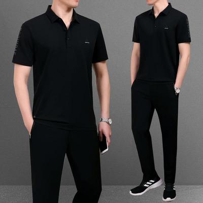 夏季款中老薄年男亲士父装冰丝跑159-62款短袖体恤长裤步套装