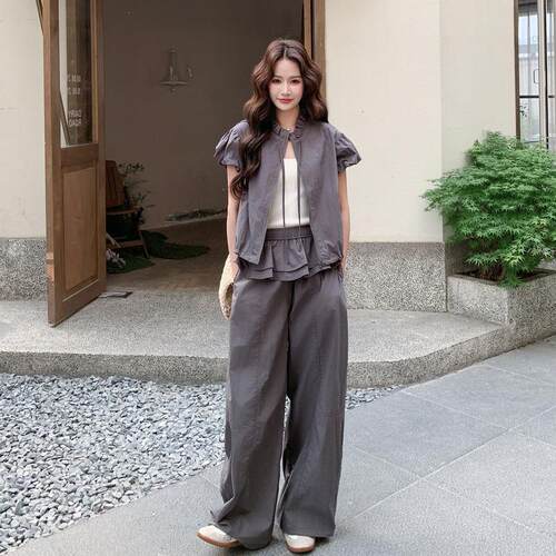 C170--15灰泡色泡复古休闲工套装女夏季短袖上衣荷叶边阔装腿裤两