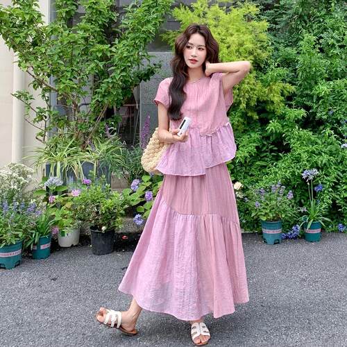 粉法式松弛感套女色夏新装款不规则提2B211-20身花拼接上衣半裙两