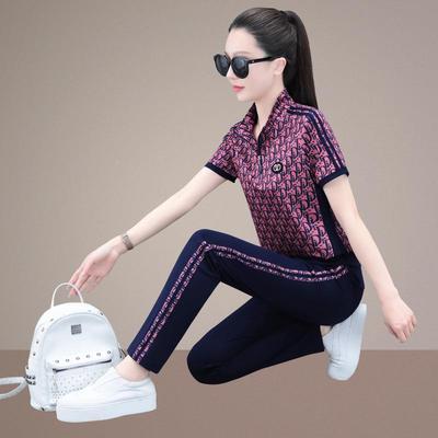 中年妈装休闲运动套装女松士夏季7151816大码宽短袖长裤时尚妈步