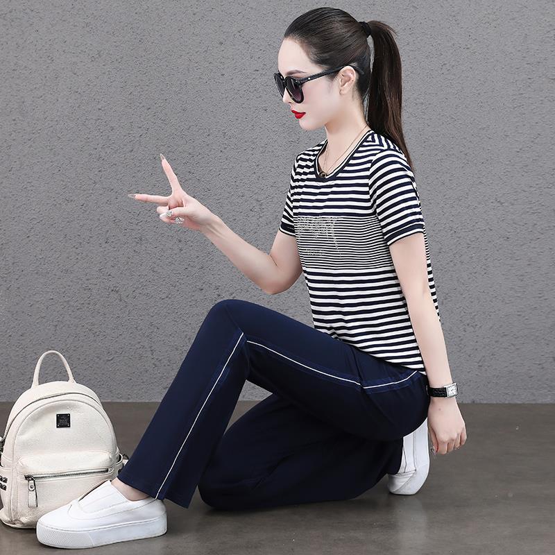 休闲步运动长气89854242服套装女夏季时尚新款圆领冰丝短袖裤洋跑