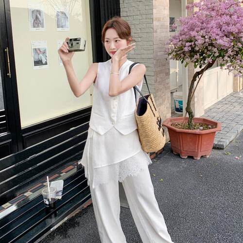 夏日C198-707轻名媛风蕾丝奢套拼接领马甲装新款高腰阔腿裤女两件