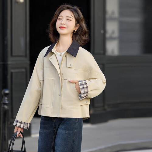 秋宽季MJ256-0新款复古工装撞色翻领夹克尚松搭百时短外套女