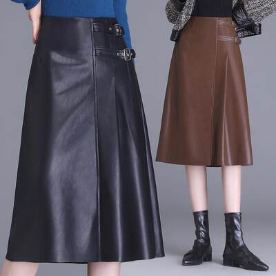 海宁真22556皮裙新款女皮半身裙高绵羊皮中长款过膝腰裙瘦字裙显