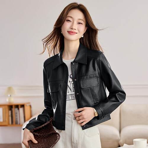 时尚机车服皮纯夹克筒色上女春新衣款时YG800-尚直皮衣外套