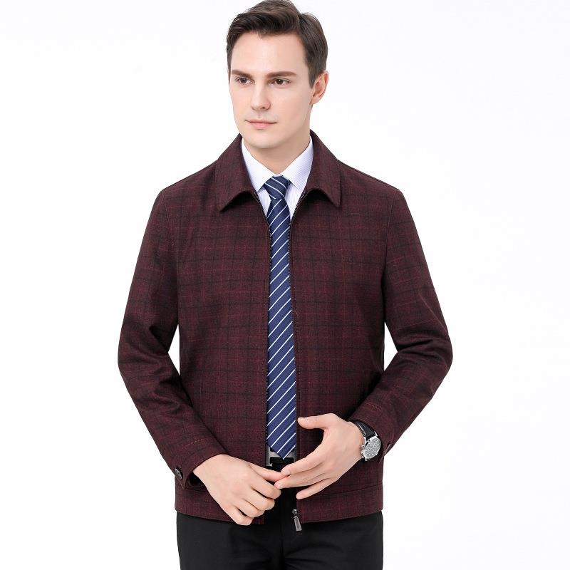 219-NN牌春季衫新款中品老年男式夹克务休商闲翻领格子羊毛茄克男