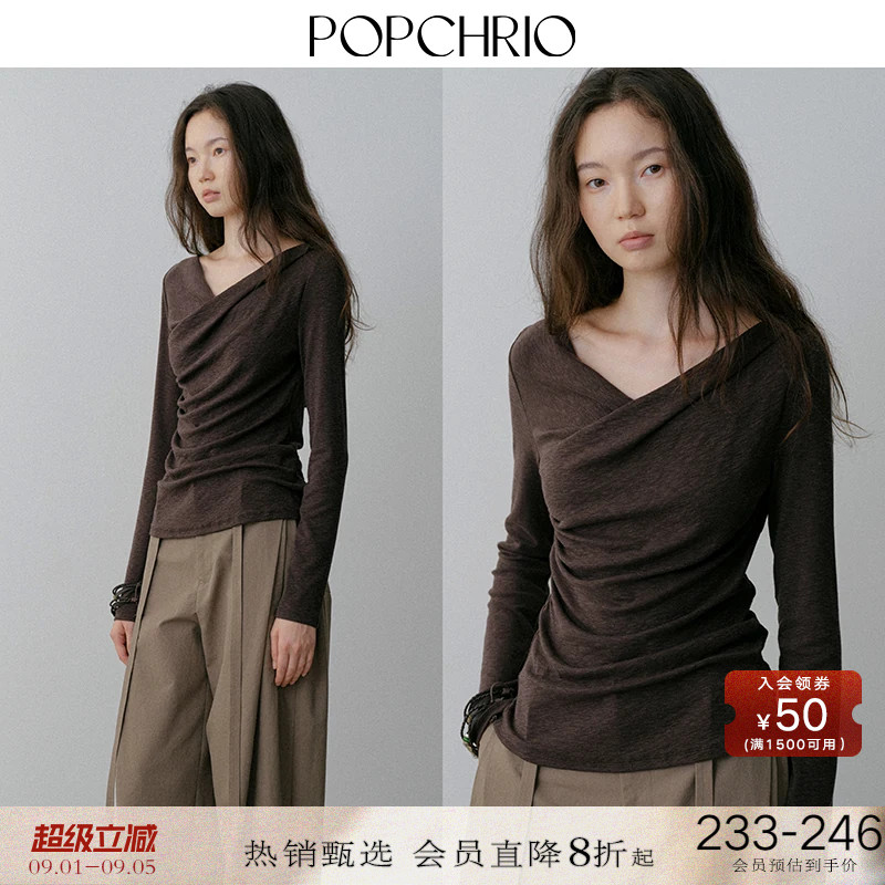 POPCHRIO褶皱收腰长袖短袖T恤图片