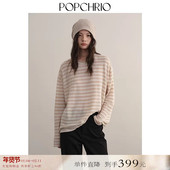 纯羊毛圆领T恤上衣女 针织衫 到手399元 可机洗复古宽松条纹长袖