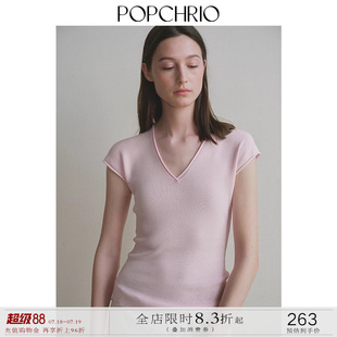 上衣收腰T恤基礎(chǔ)打底衫 POPCHRIO歐可芮 小飛袖 無齡感V領(lǐng)針織衫 女