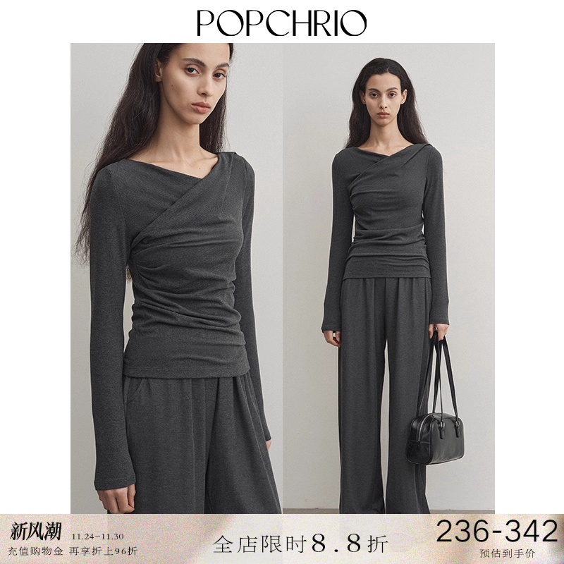 POPCHRIO捏褶交叠荡领长袖T恤