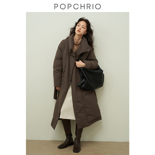 POPCHRIO欧可芮◆风衣型90白鸭绒过膝羽绒服中长款黑色加厚外套女