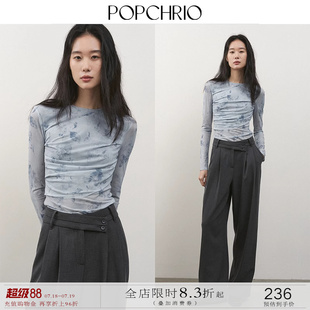 上衣女 t恤圆领打底体恤衫 POPCHRIO欧可芮 立体叠片晕染印花长袖