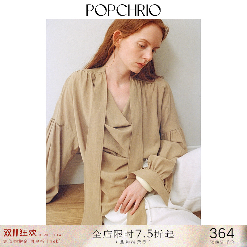 飘带设计荡领羊腿袖宽松衬衫